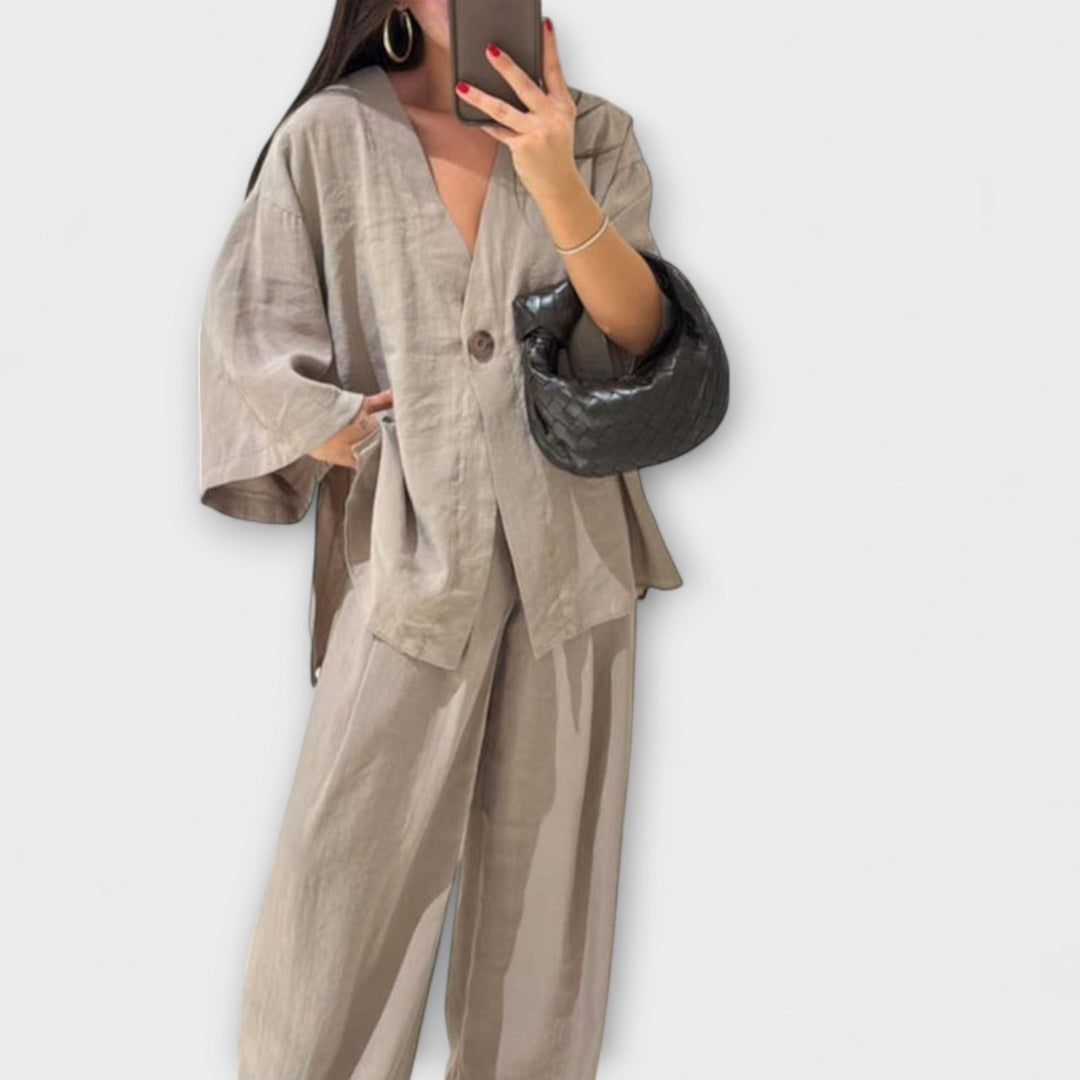 Jacqueline - Casual V-Neck Top and Trousers Duo