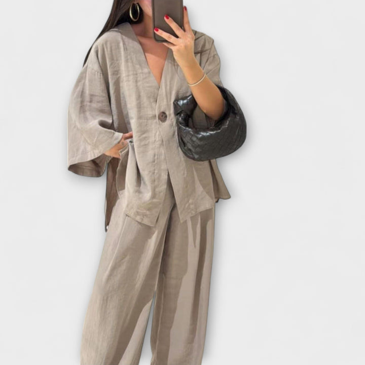 Jacqueline - Casual V-Neck Top and Trousers Duo
