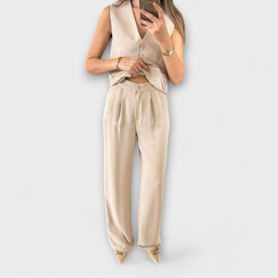 Hazel - Stylish Plain V-Neck Waistcoat and Trouser Two-Piece Ensemble
