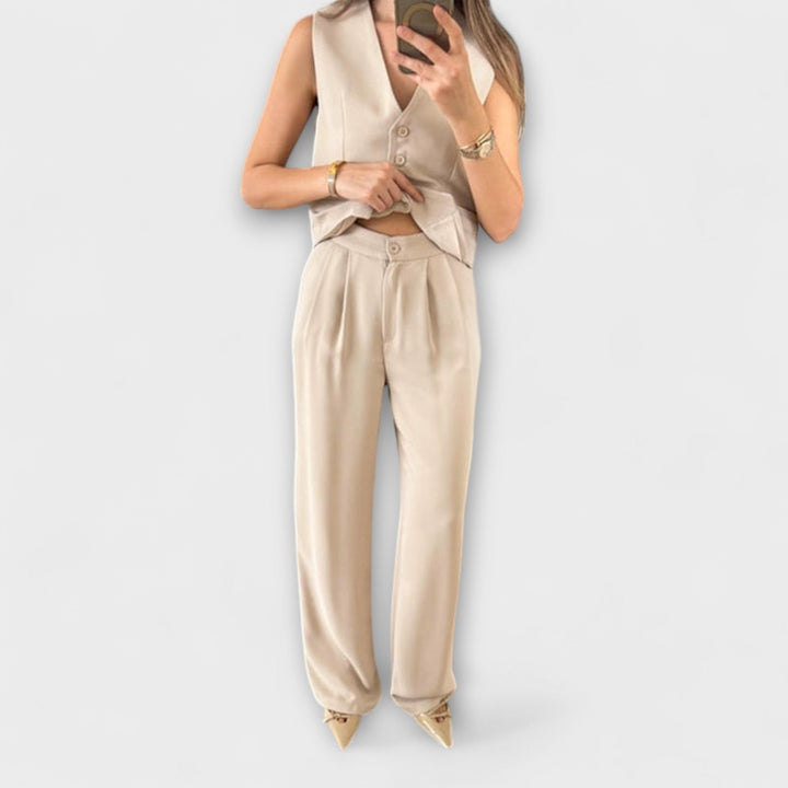 Hazel - Stylish Plain V-Neck Waistcoat and Trouser Two-Piece Ensemble