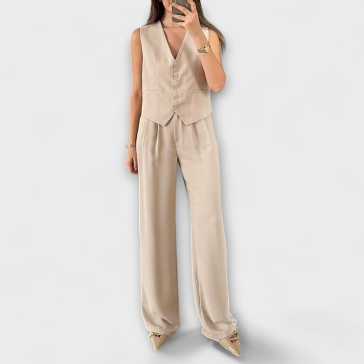Hazel - Stylish Plain V-Neck Waistcoat and Trouser Two-Piece Ensemble