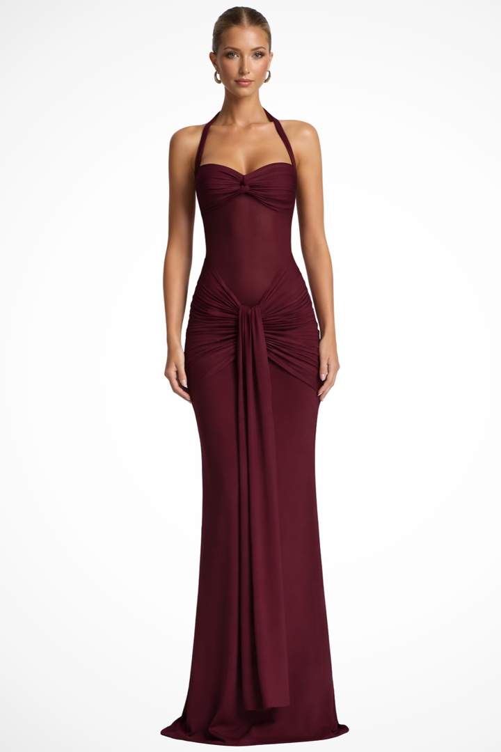 Celine | Women's Halter Neck Ruched Wedding Guest Maxi Dress