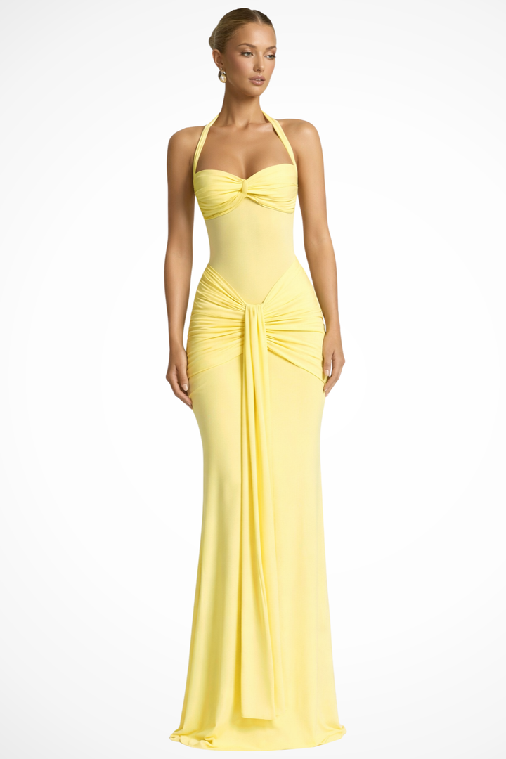 Celine | Women's Halter Neck Ruched Wedding Guest Maxi Dress