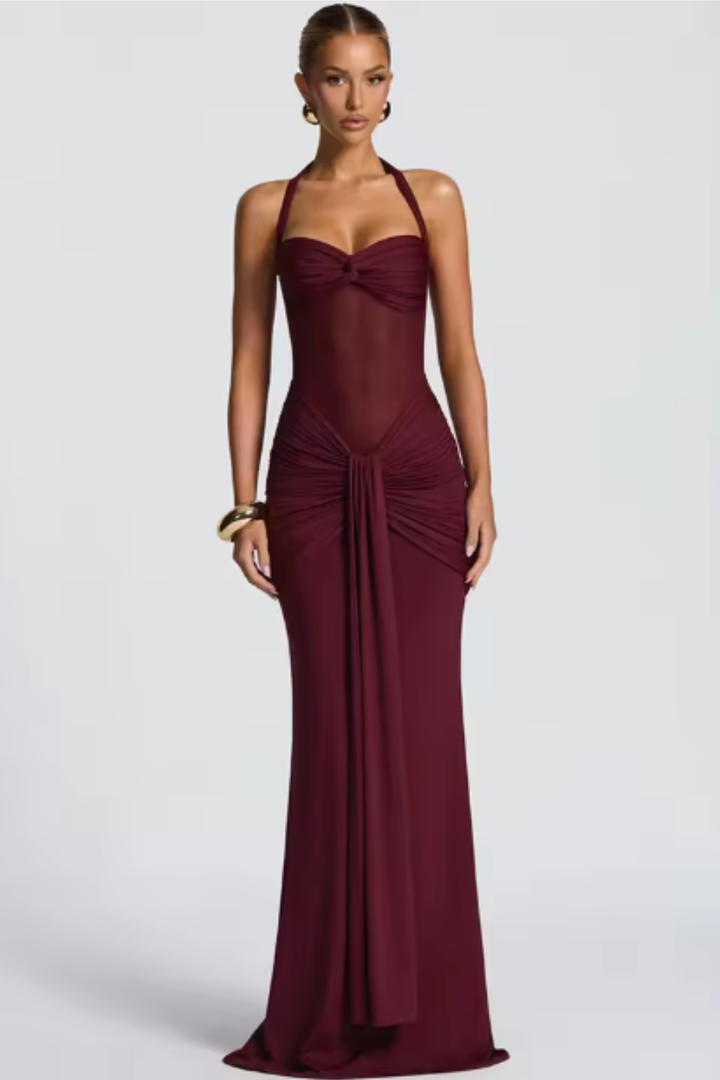 Celine | Women's Halter Neck Ruched Wedding Guest Maxi Dress