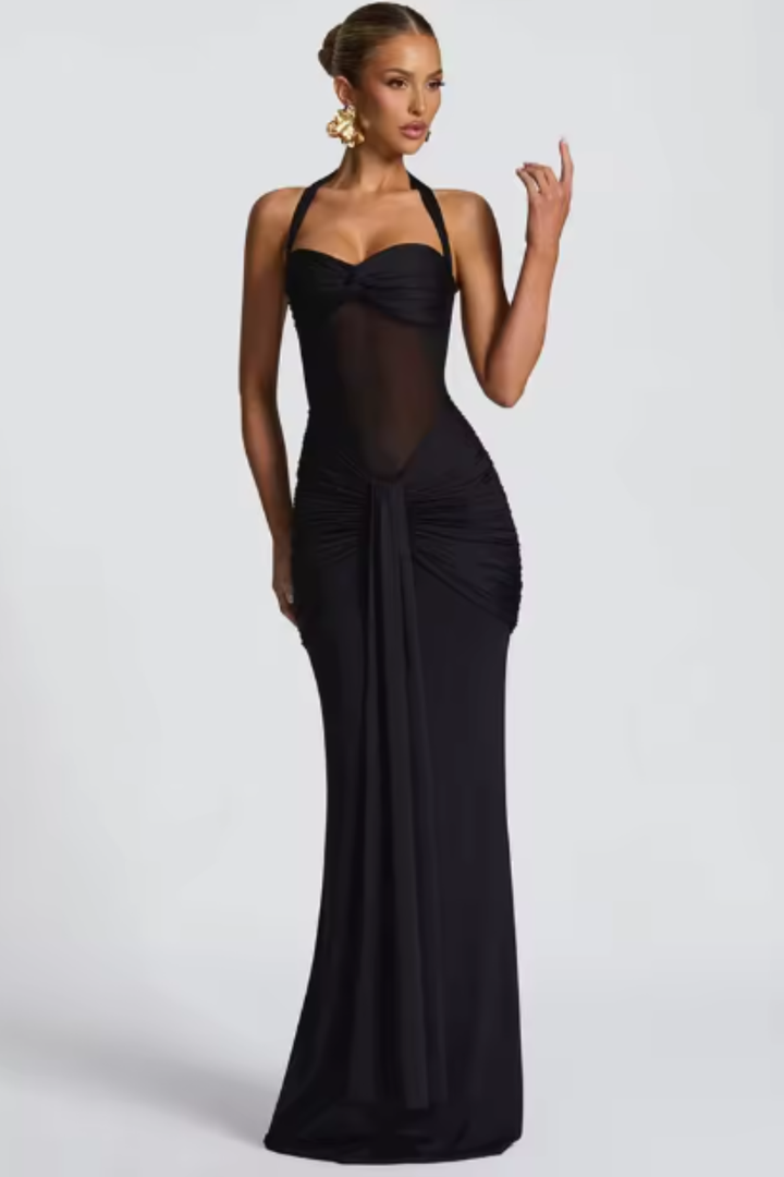 Celine | Women's Halter Neck Ruched Wedding Guest Maxi Dress
