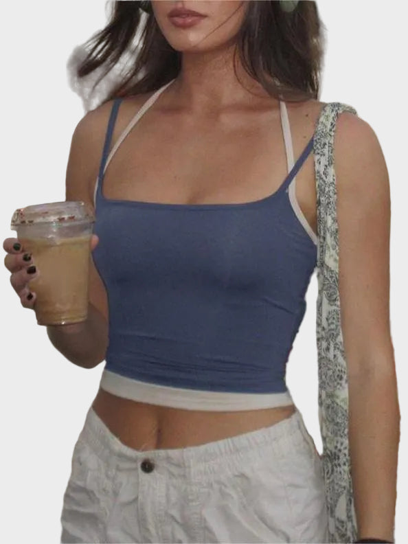 Vintage Blue Contrast Colour Mock Two-Piece Camisole