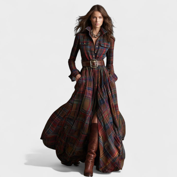 Clara | Maxi dress with belt and tartan pattern