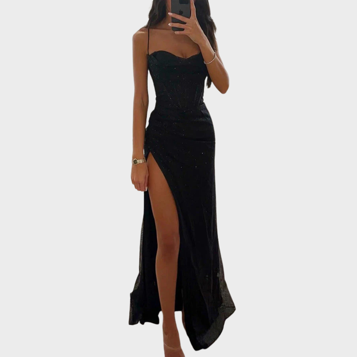 Romantic Sequin Maxi Dress with Round Neck, Corset Detail, and Split