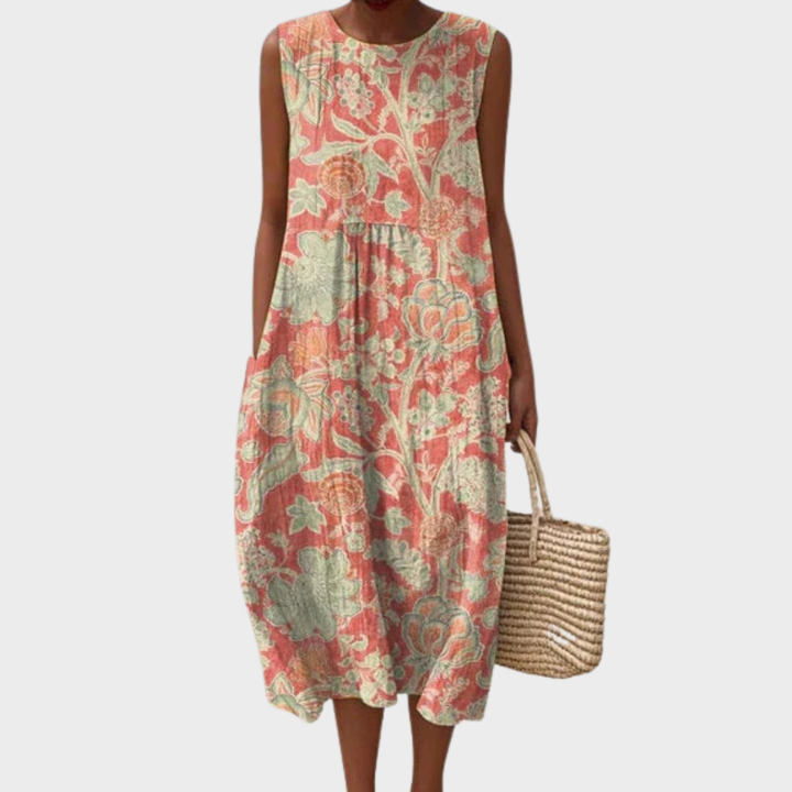 Sleeveless Floral Midi Dress with Pockets – Lightweight Summer Dress for Women