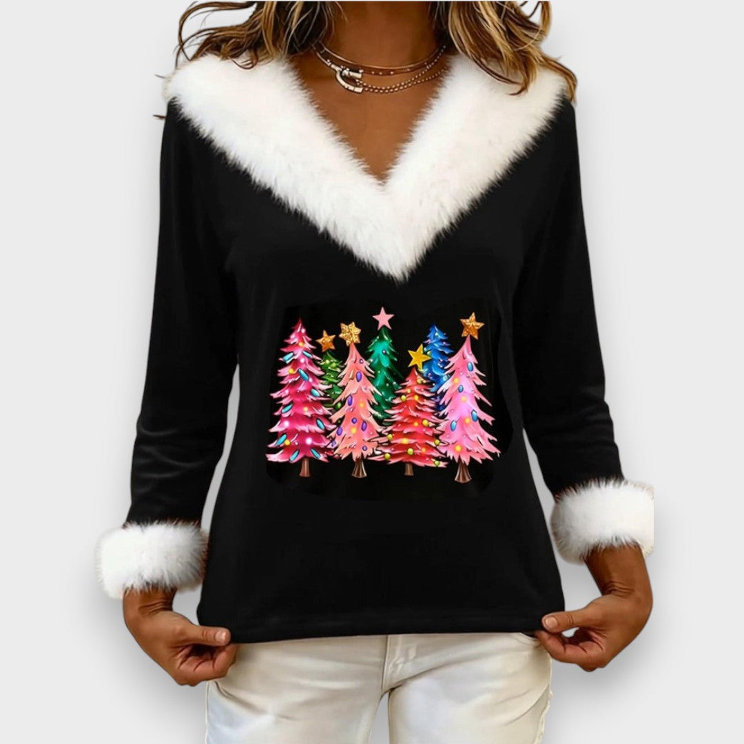 Liz | Knitted top with V-neck and Christmas tree print