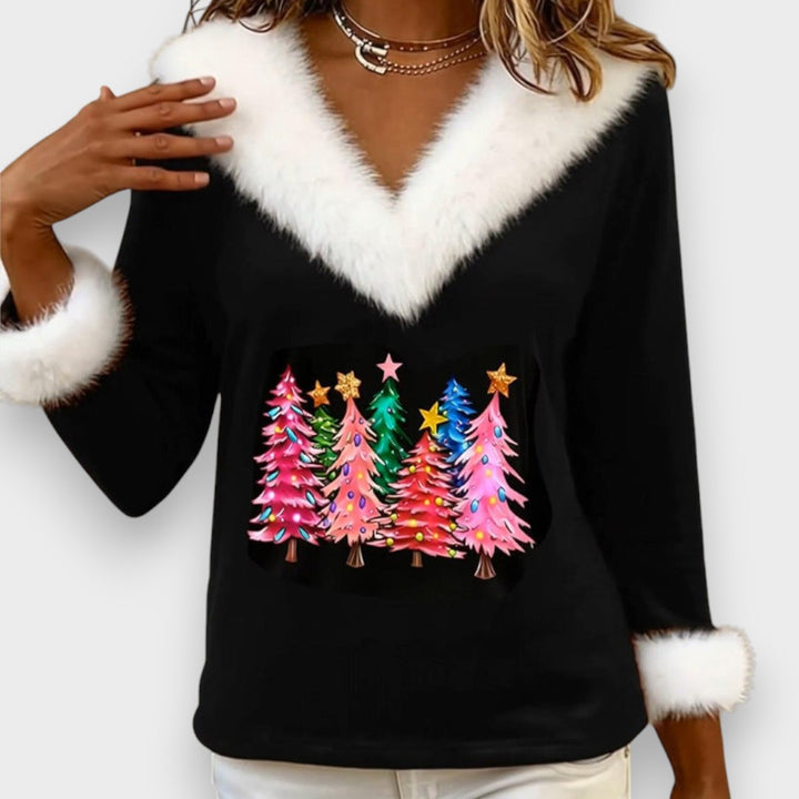 Liz | Knitted top with V-neck and Christmas tree print