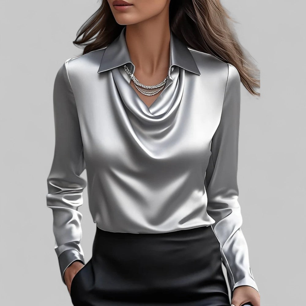 Isla Draped Fit Blouse | Draped Neck Long Sleeve Blouse