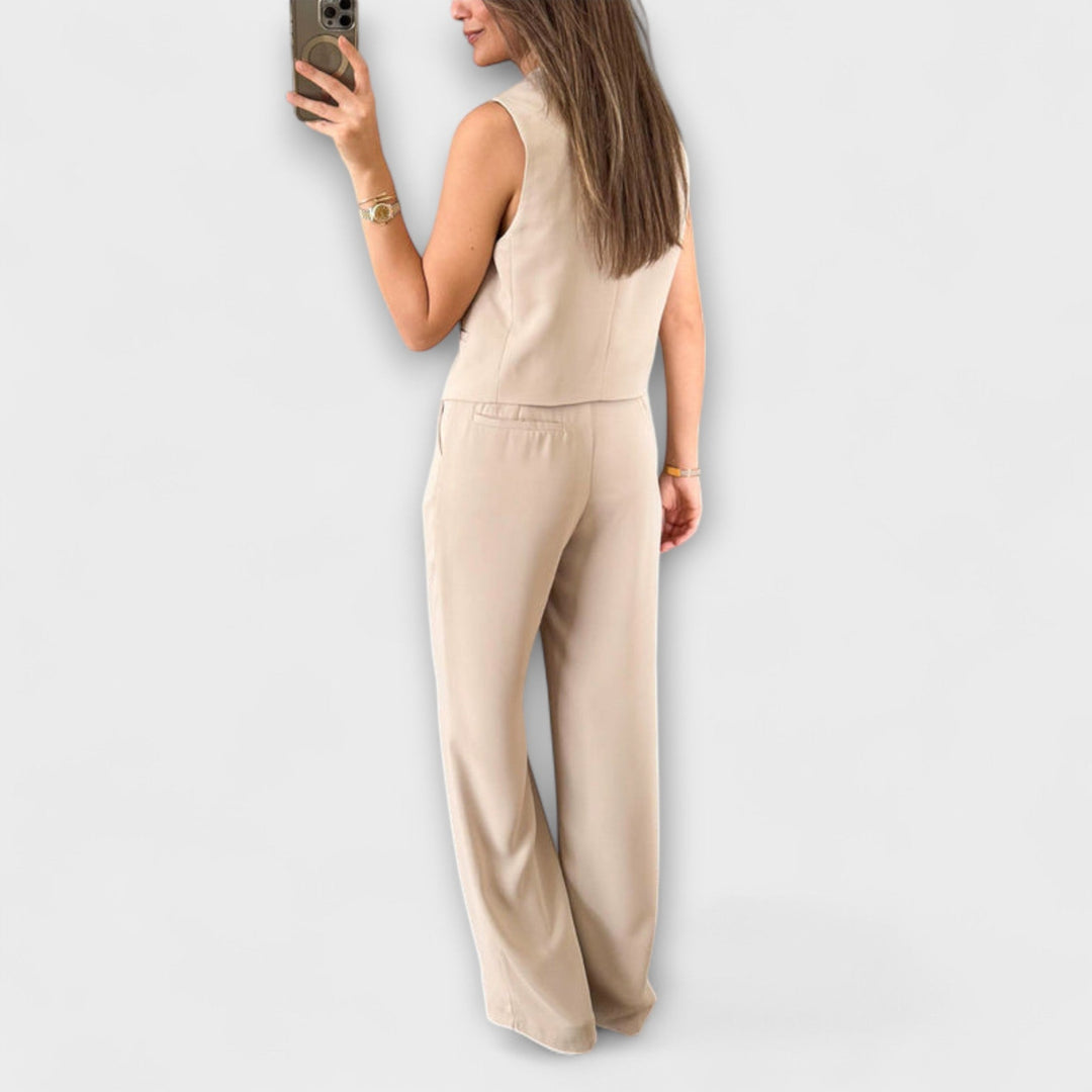 Hazel - Stylish Plain V-Neck Waistcoat and Trouser Two-Piece Ensemble