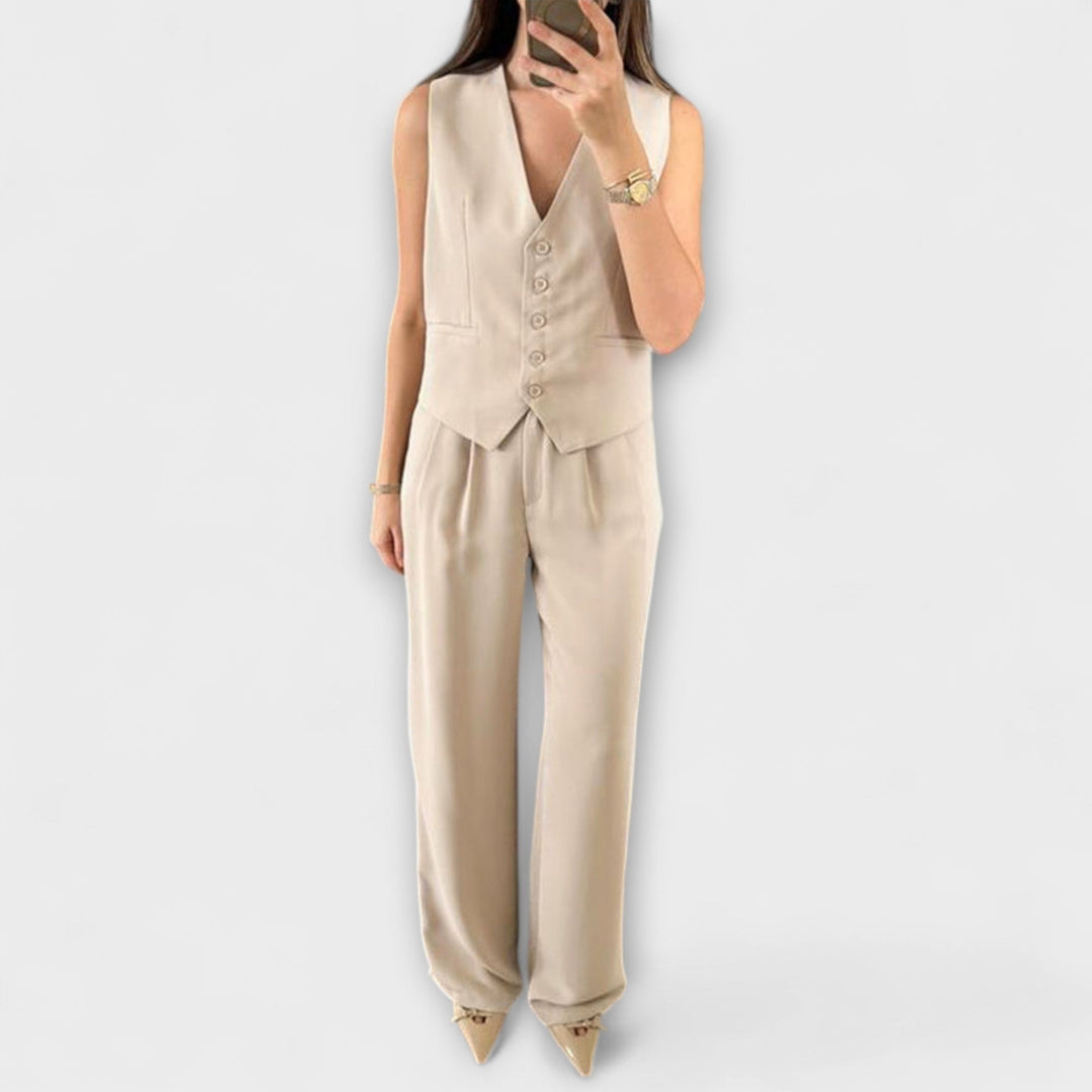 Hazel - Stylish Plain V-Neck Waistcoat and Trouser Two-Piece Ensemble
