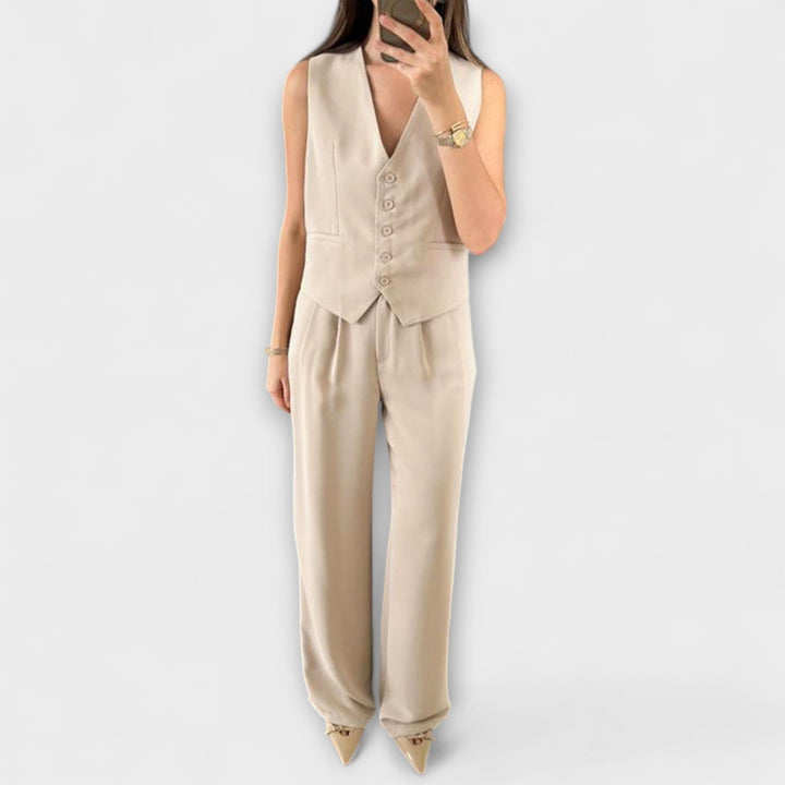 Hazel - Stylish Plain V-Neck Waistcoat and Trouser Two-Piece Ensemble