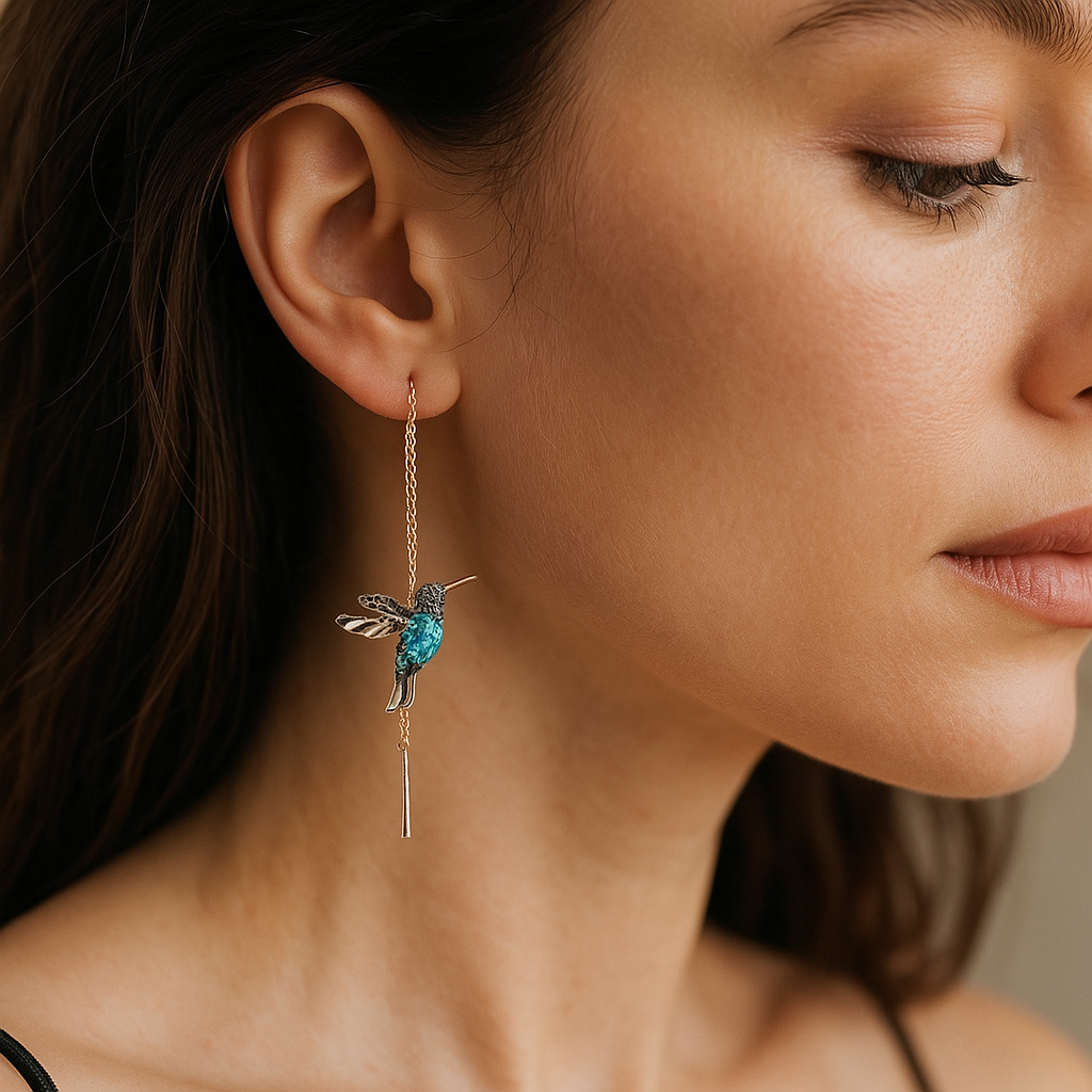 Hummingbird Earrings with Enamel and Zirconia