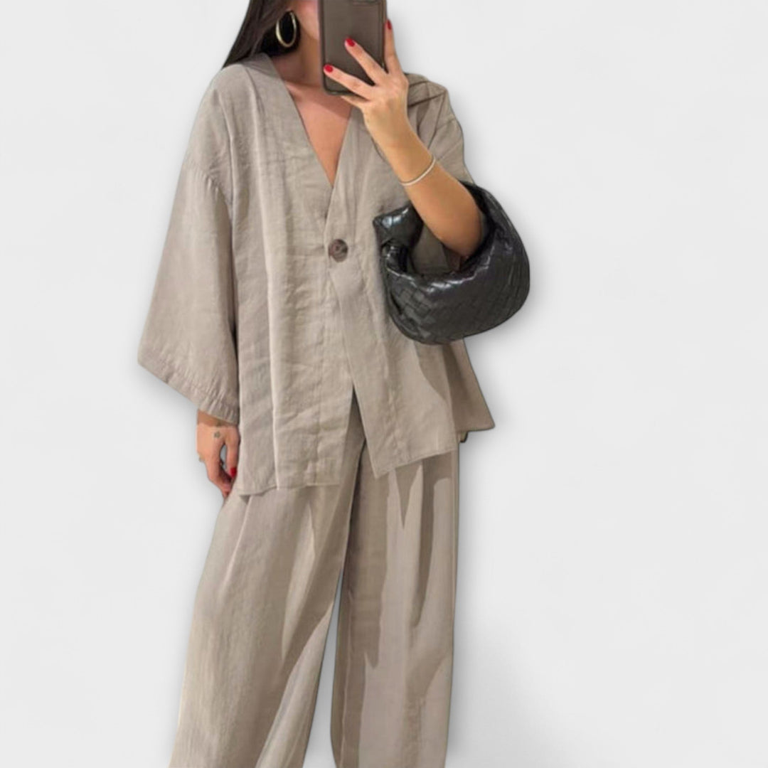 Jacqueline - Casual V-Neck Top and Trousers Duo