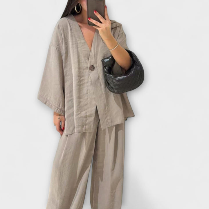 Jacqueline - Casual V-Neck Top and Trousers Duo
