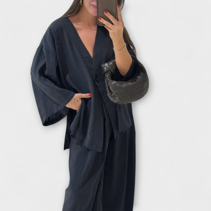 Jacqueline - Casual V-Neck Top and Trousers Duo