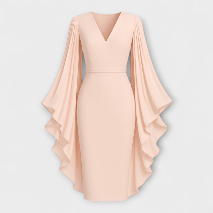 Rachel - Hellrosa Midi Dress with V-Neck and Chiffon Sleeves