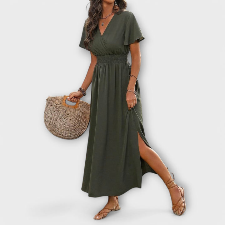 Heather - An elegant Boho dress with a V-neckline and long sleeves