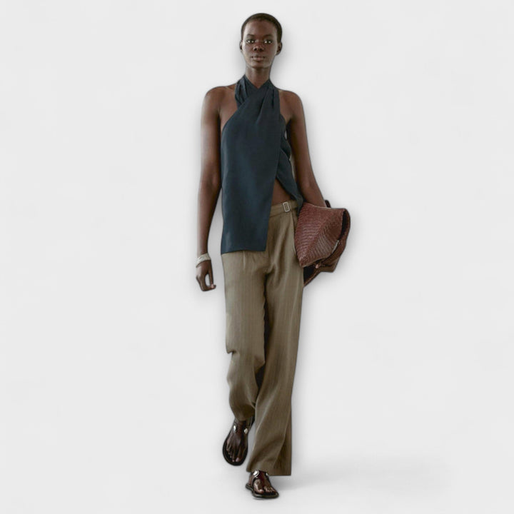 Leah – Blue Halter Neck Top with Back Cut-Out