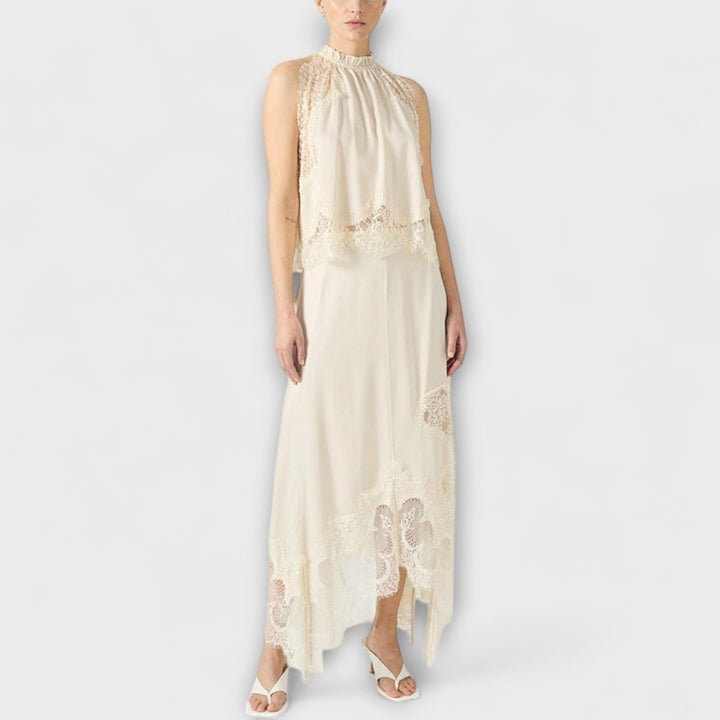 Kaia - Satin Blouse with Lace Trim and Pleated Neckline in Set