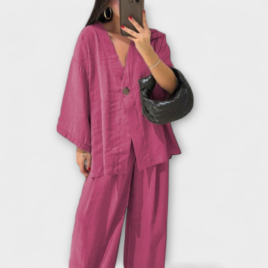 Jacqueline - Casual V-Neck Top and Trousers Duo