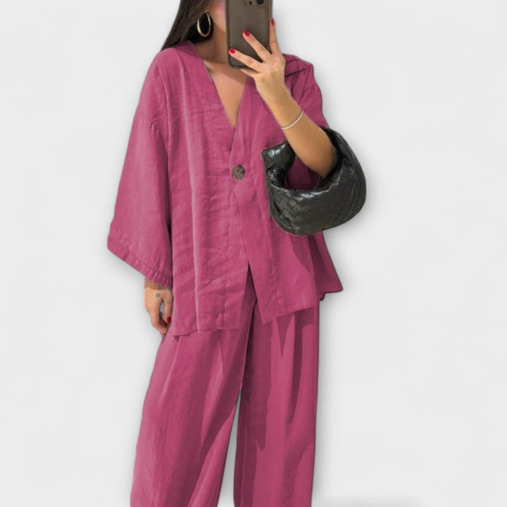 Jacqueline - Casual V-Neck Top and Trousers Duo