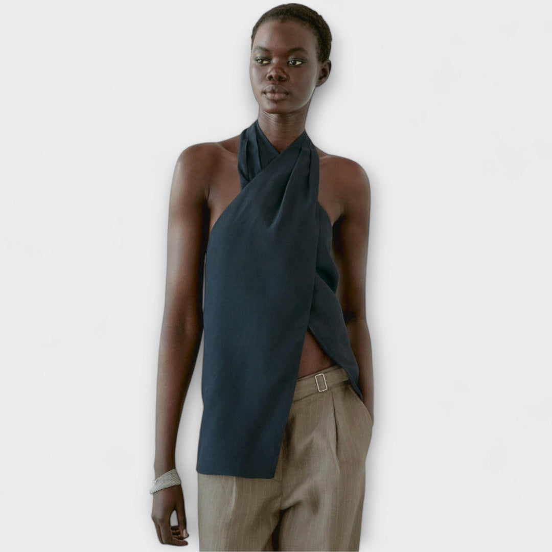 Leah – Blue Halter Neck Top with Back Cut-Out