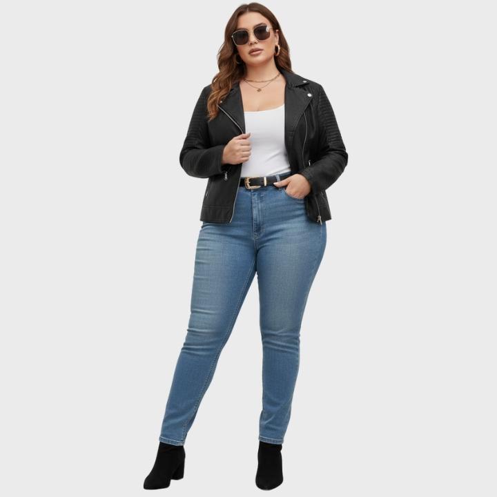 Women's Plus Size Biker Jacket with Zipper Pockets