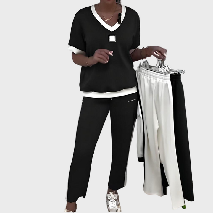 Kristýna - Women's Casual Set with Top and Trousers Featuring a V-Neck