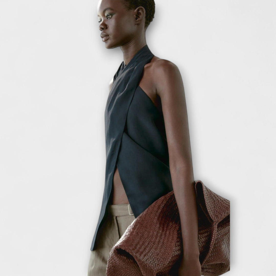 Leah – Blue Halter Neck Top with Back Cut-Out