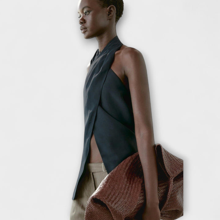 Leah – Blue Halter Neck Top with Back Cut-Out