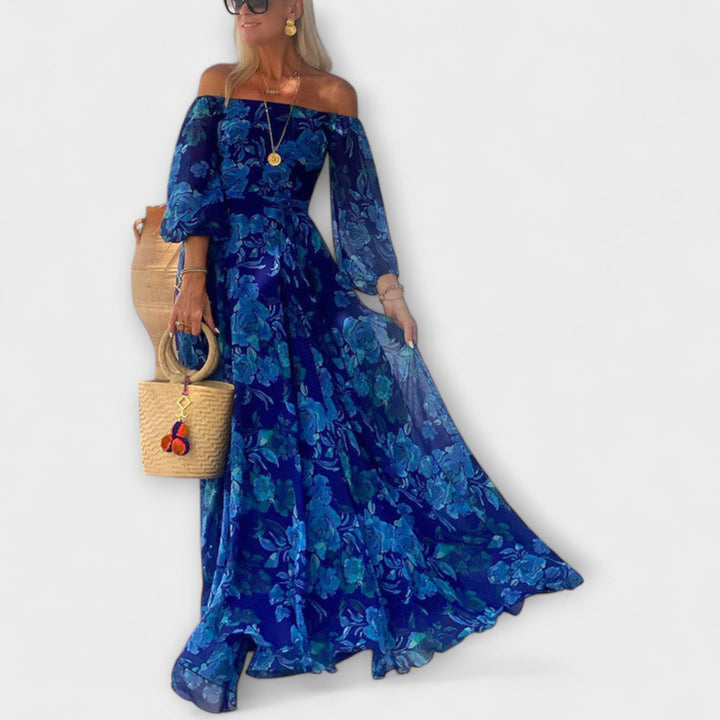 Juniper – Floral Off-Shoulder Maxi Dress with Ruched Top, Perfect for Holidays