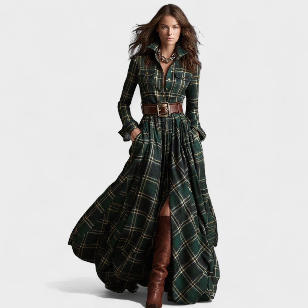 Clara | Maxi dress with belt and tartan pattern