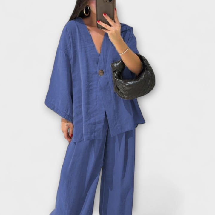 Jacqueline - Casual V-Neck Top and Trousers Duo