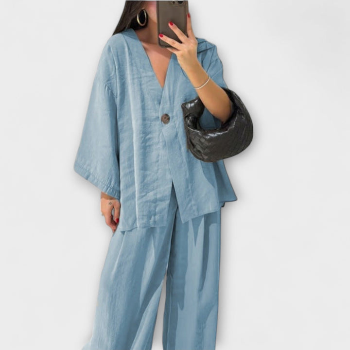 Jacqueline - Casual V-Neck Top and Trousers Duo