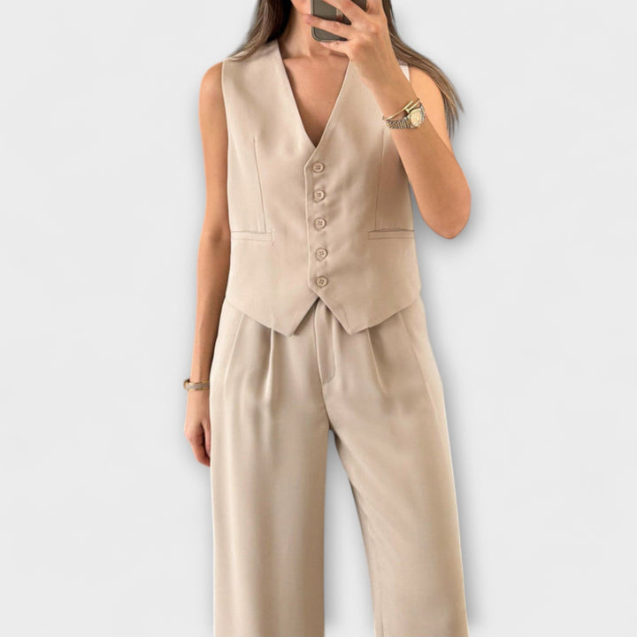 Hazel - Stylish Plain V-Neck Waistcoat and Trouser Two-Piece Ensemble