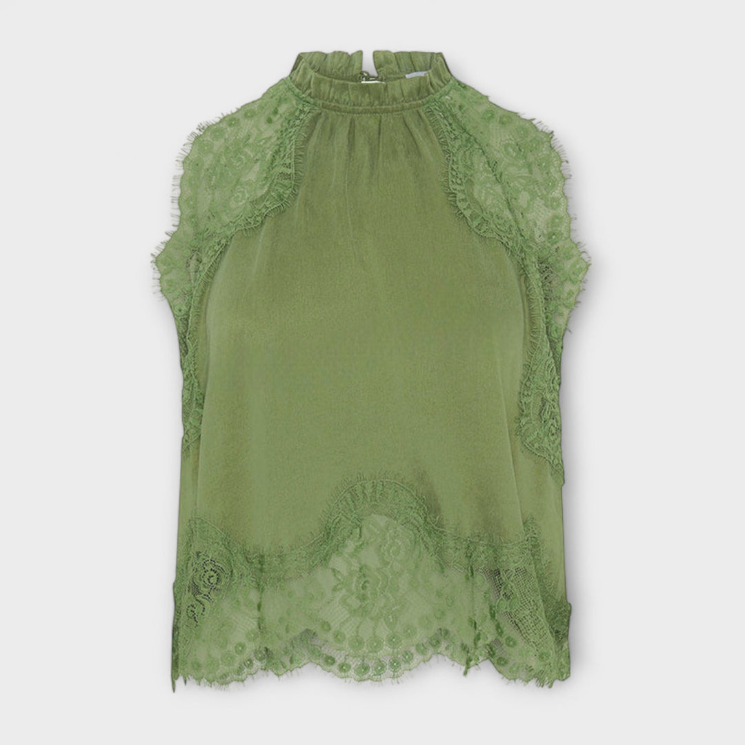 Kaia - Satin Blouse with Lace Trim and Pleated Neckline in Set