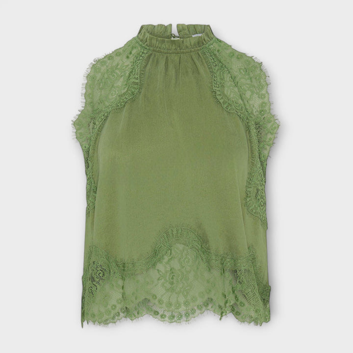 Kaia - Satin Blouse with Lace Trim and Pleated Neckline in Set