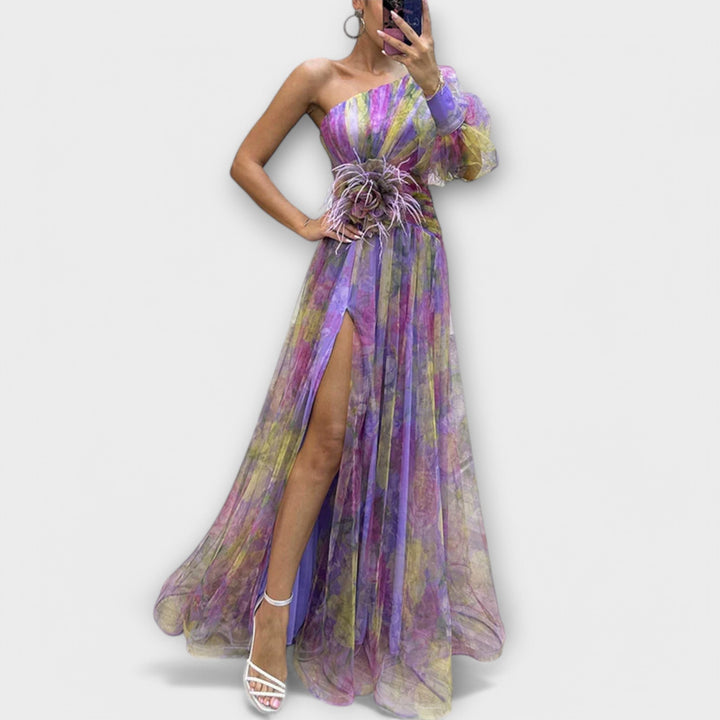 Elegant evening dress with one shoulder strap and tailored cut