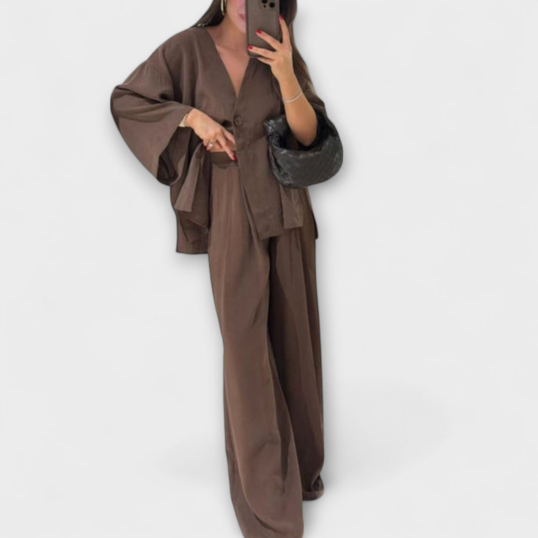 Jacqueline - Casual V-Neck Top and Trousers Duo