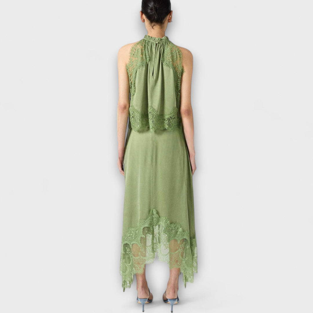 Kaia - Satin Blouse with Lace Trim and Pleated Neckline in Set