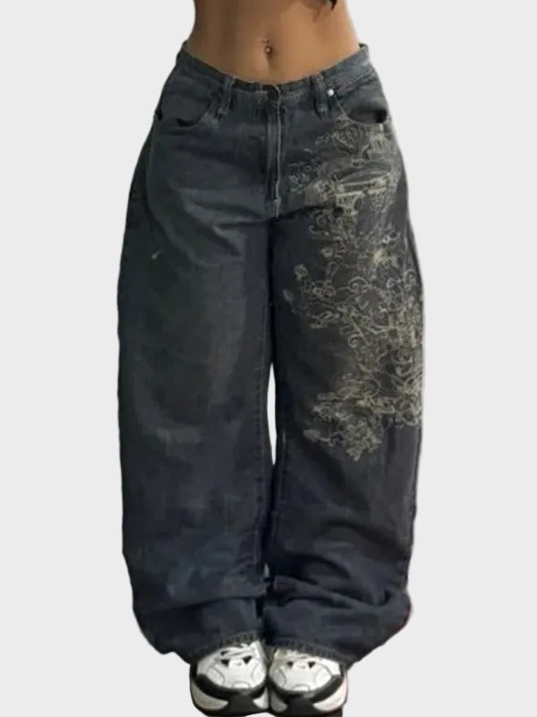 Black American Retro High Street Wide Legs Boyfriend Jeans