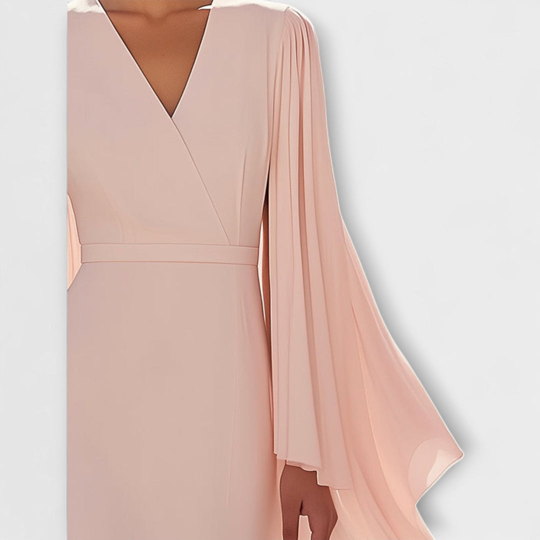 Rachel - Hellrosa Midi Dress with V-Neck and Chiffon Sleeves