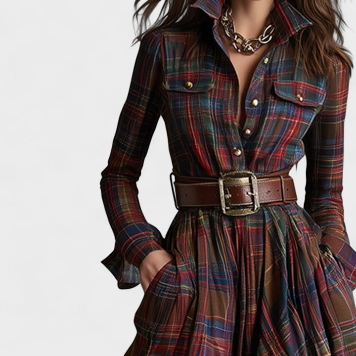 Clara | Maxi dress with belt and tartan pattern