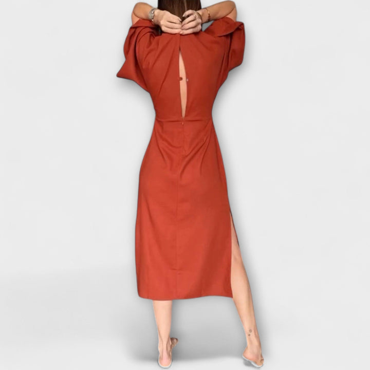 Holly - Casual Dress with V-Neck in Cotton-Linen Blend with Tie