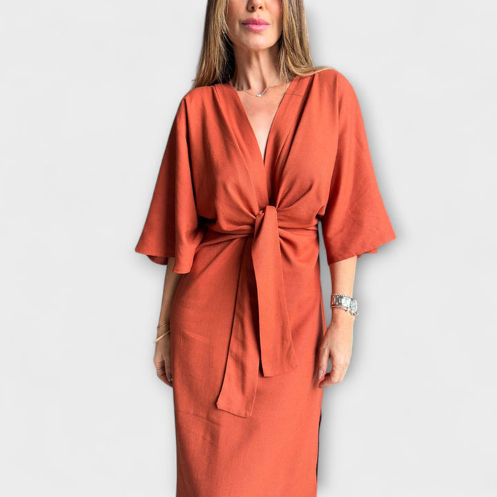 Holly - Casual Dress with V-Neck in Cotton-Linen Blend with Tie
