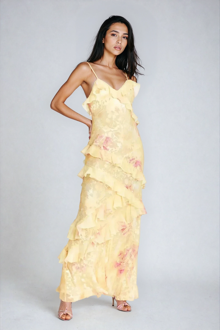 Airborne Yellow Floral Maxi Dress With Ruffles